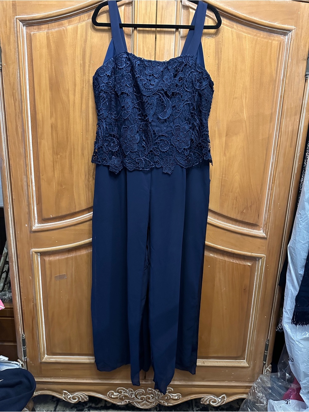 Navy Lace Bodice Wide-Leg Jumpsuit for Wedding